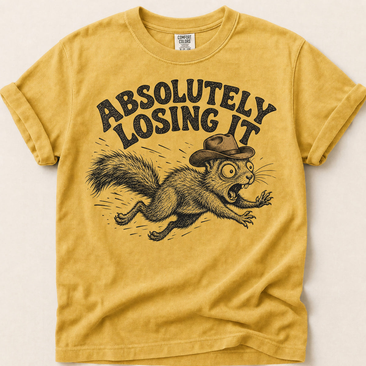 Absolutely Losing It Squirrel Tee on Mustard