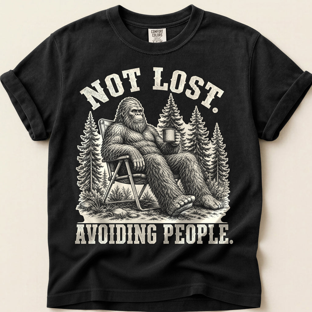 Avoiding People Bigfoot T-Shirt on Black
