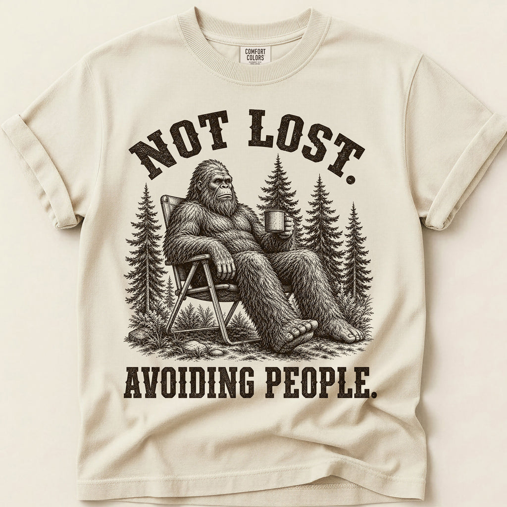 Avoiding People Bigfoot T-Shirt on Ivory