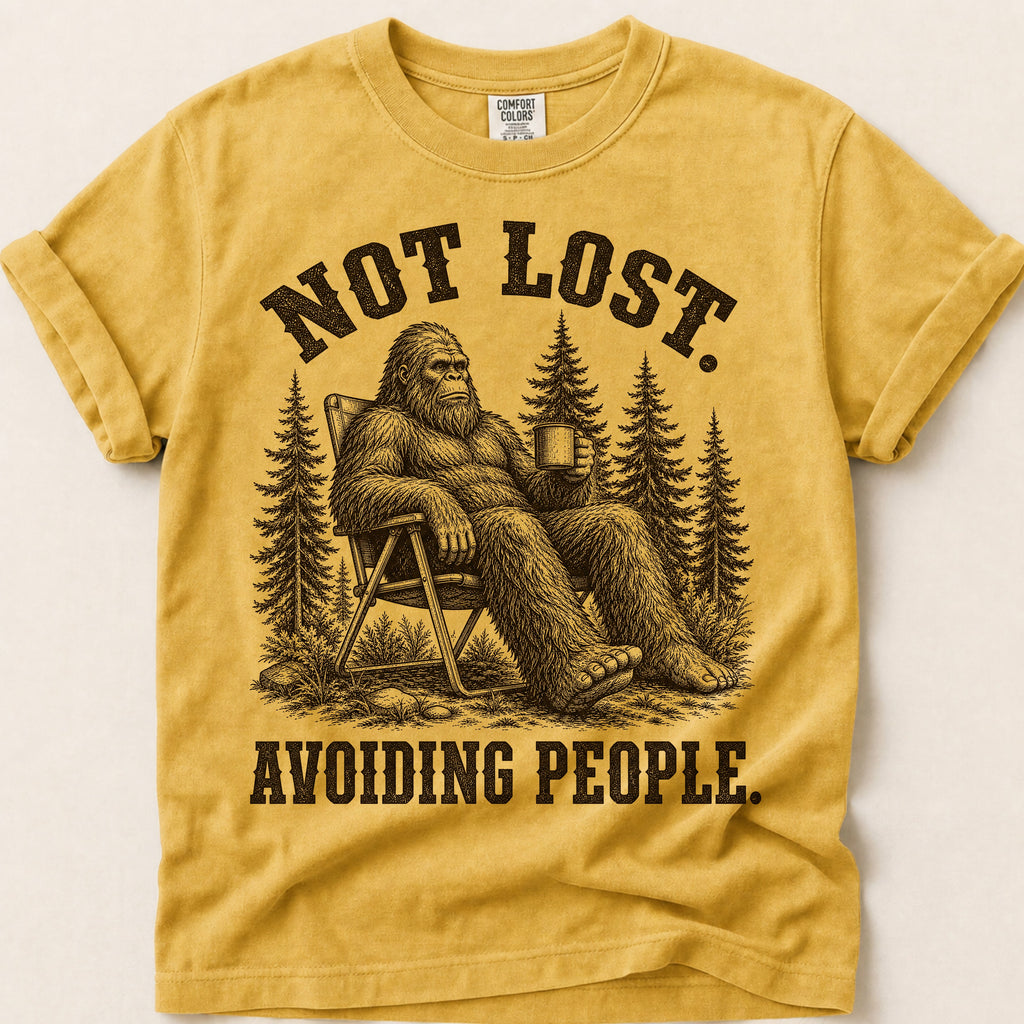 Avoiding People Bigfoot T-Shirt on Mustard