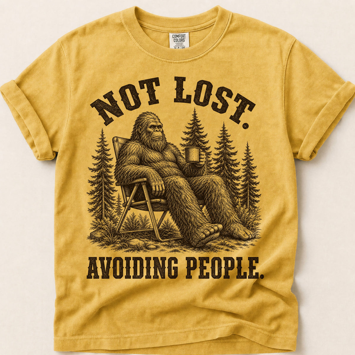 Avoiding People Bigfoot T-Shirt on Mustard