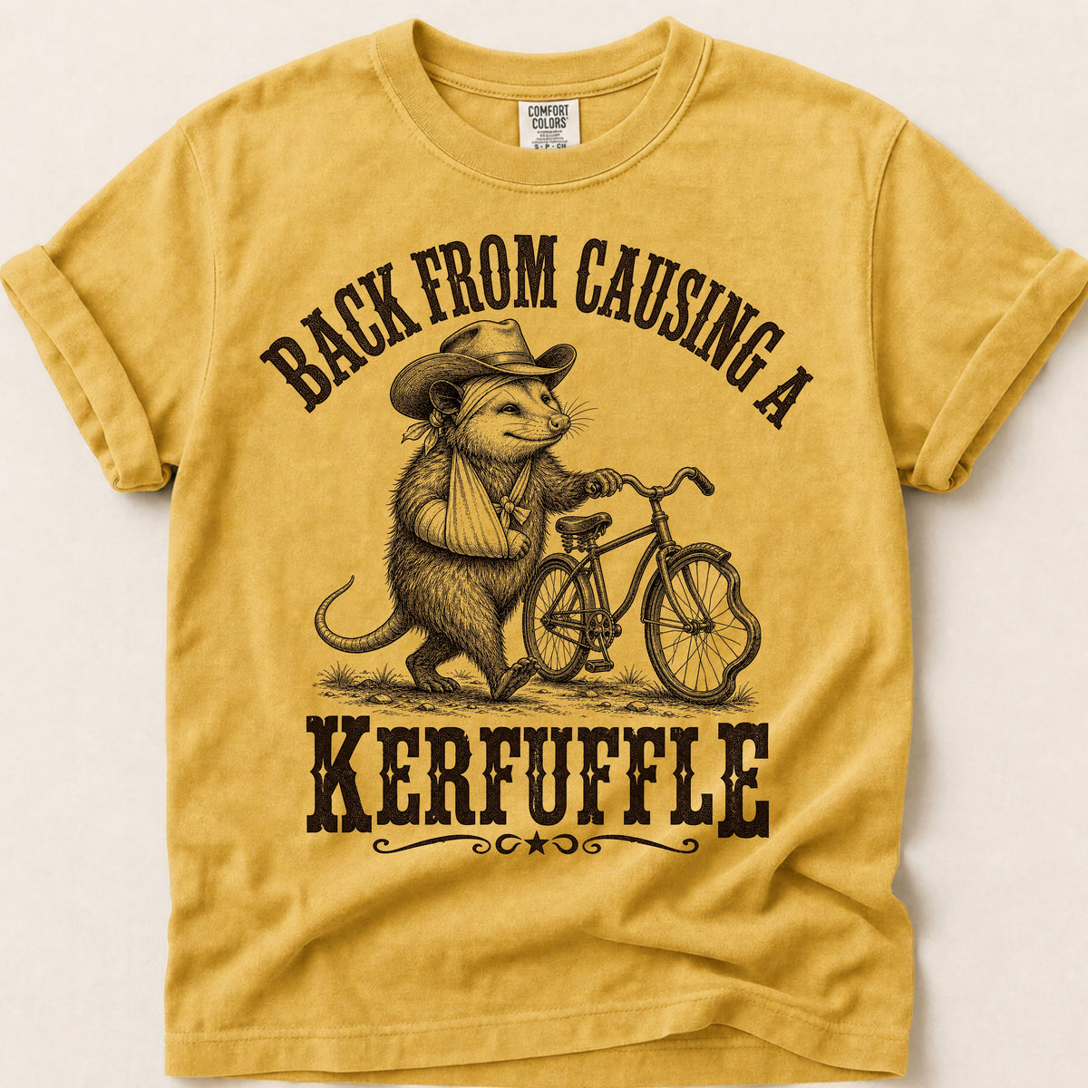 Back From Kerfuffle T-Shirt on Mustard