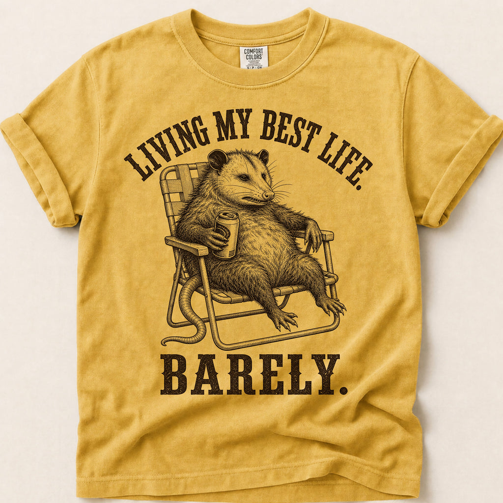 Best Life Barely Possum T-Shirt on Mustard