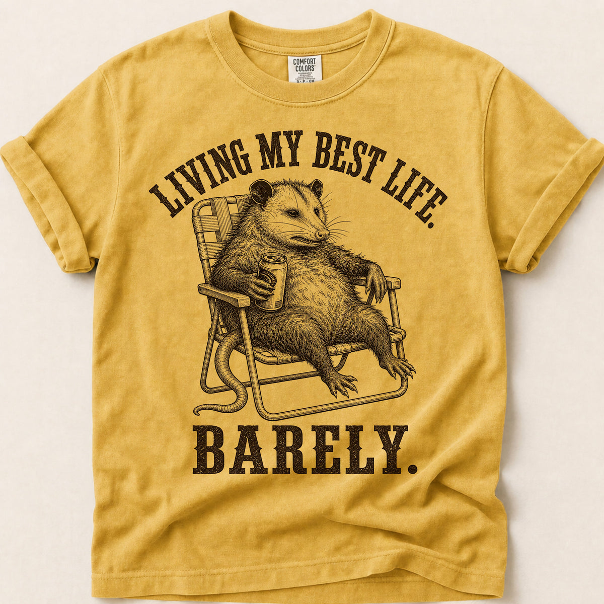 Best Life Barely Possum T-Shirt on Mustard