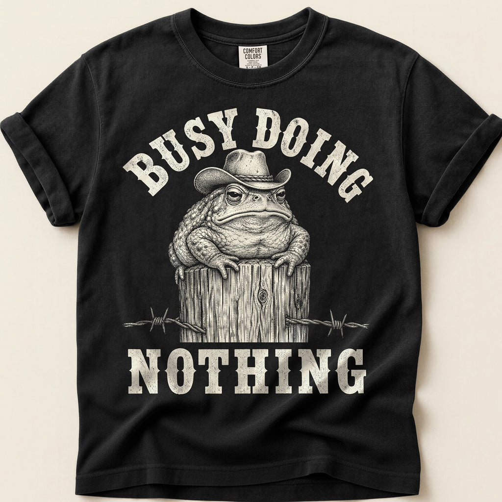 Busy Doing Nothing Toad T-Shirt on Black