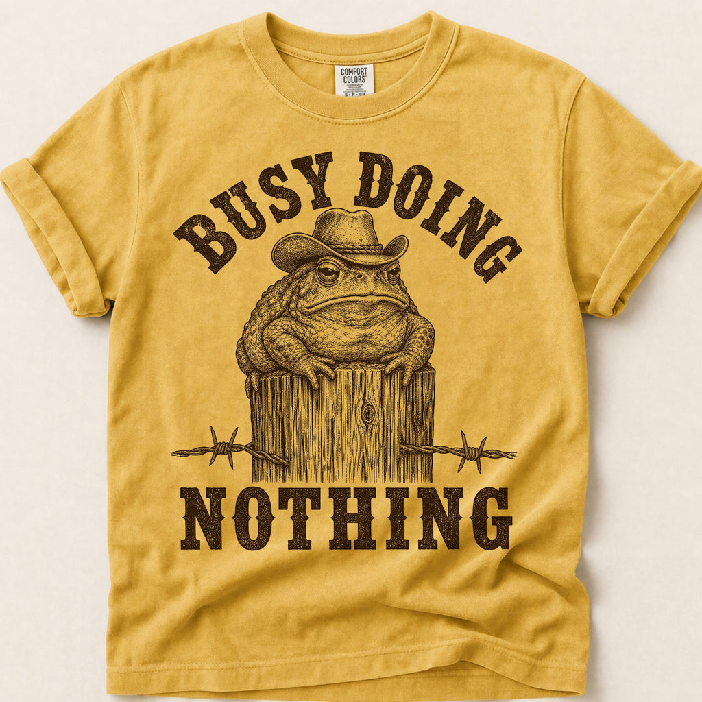 Busy Doing Nothing Toad T-Shirt on Mustard