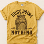 Busy Doing Nothing Toad T-Shirt on Mustard