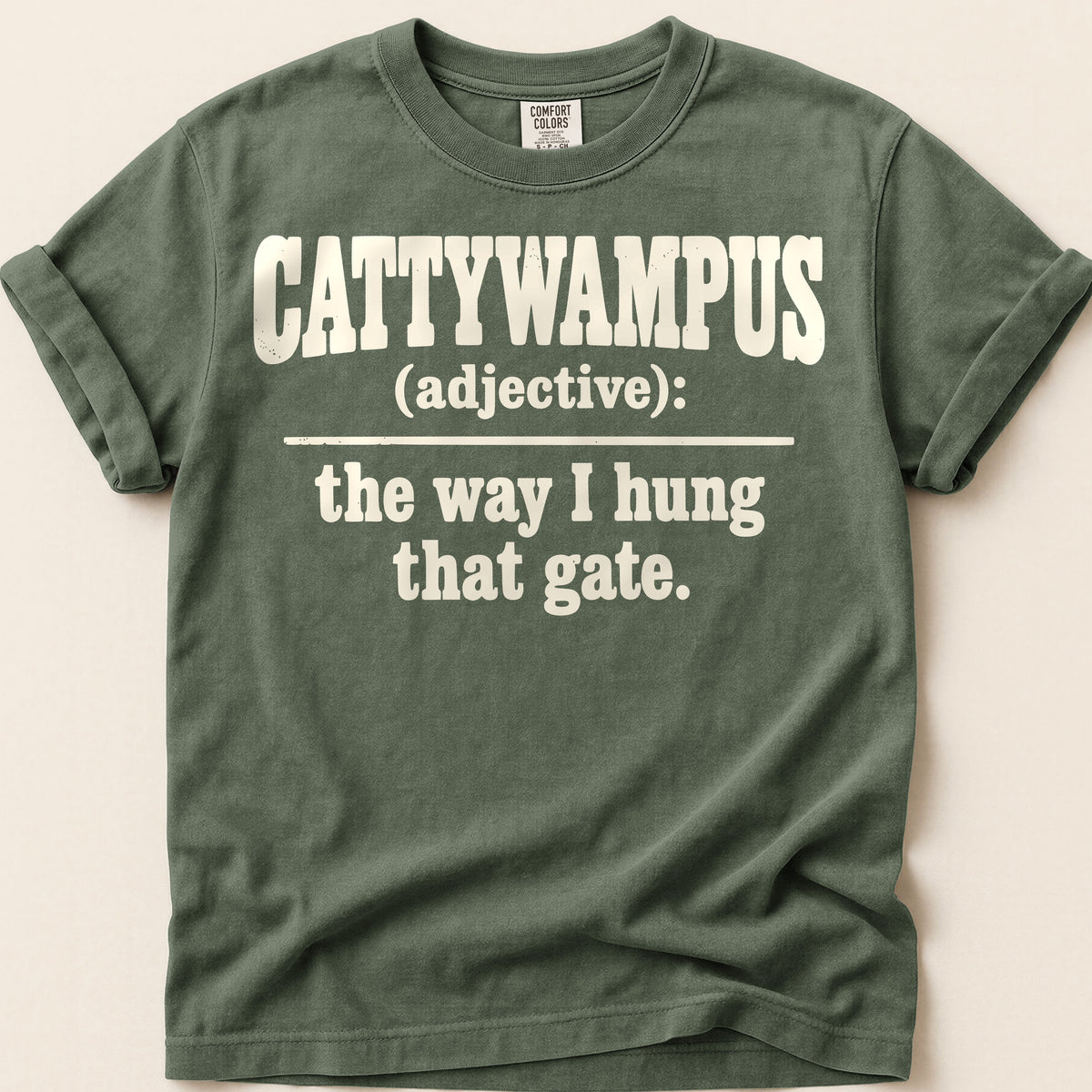 Cattywampus Gate Definition T-Shirt on Moss
