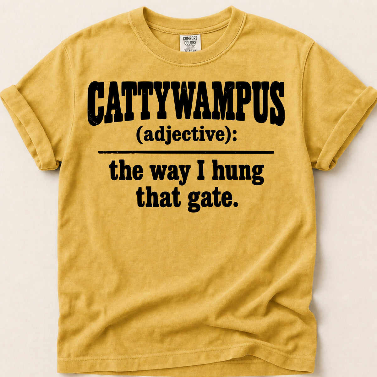 Cattywampus Gate Definition T-Shirt on Mustard