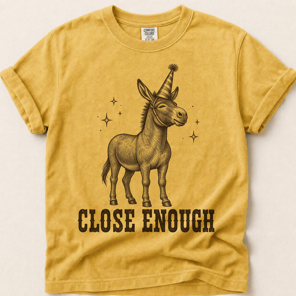 Close Enough Donkey T-Shirt on Mustard