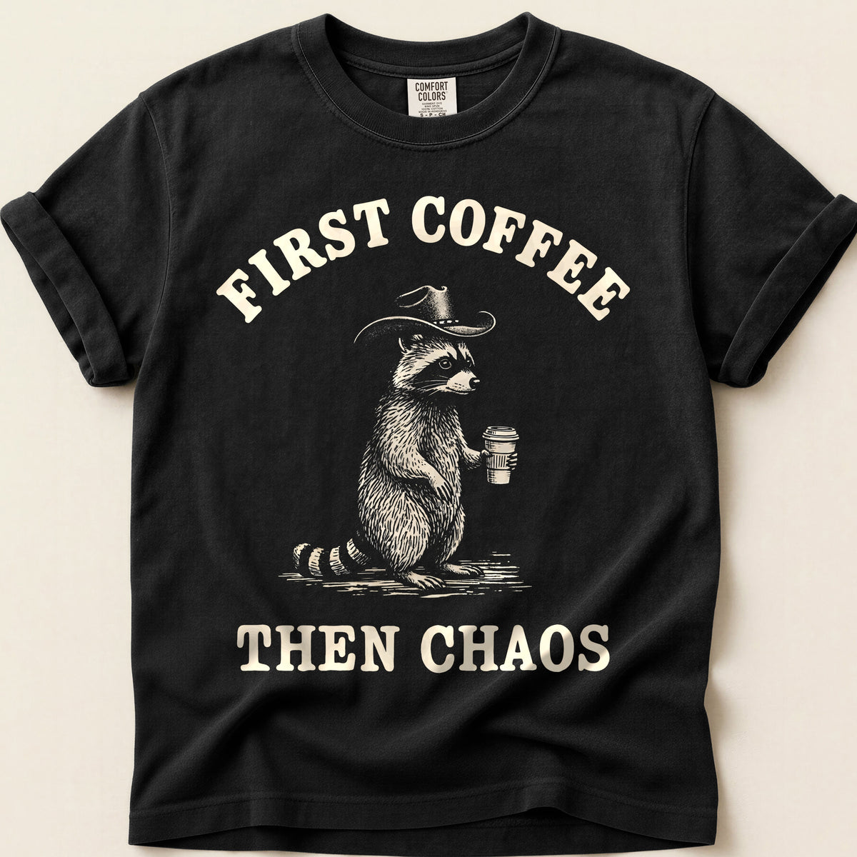 Coffee Chaos Raccoon on Black