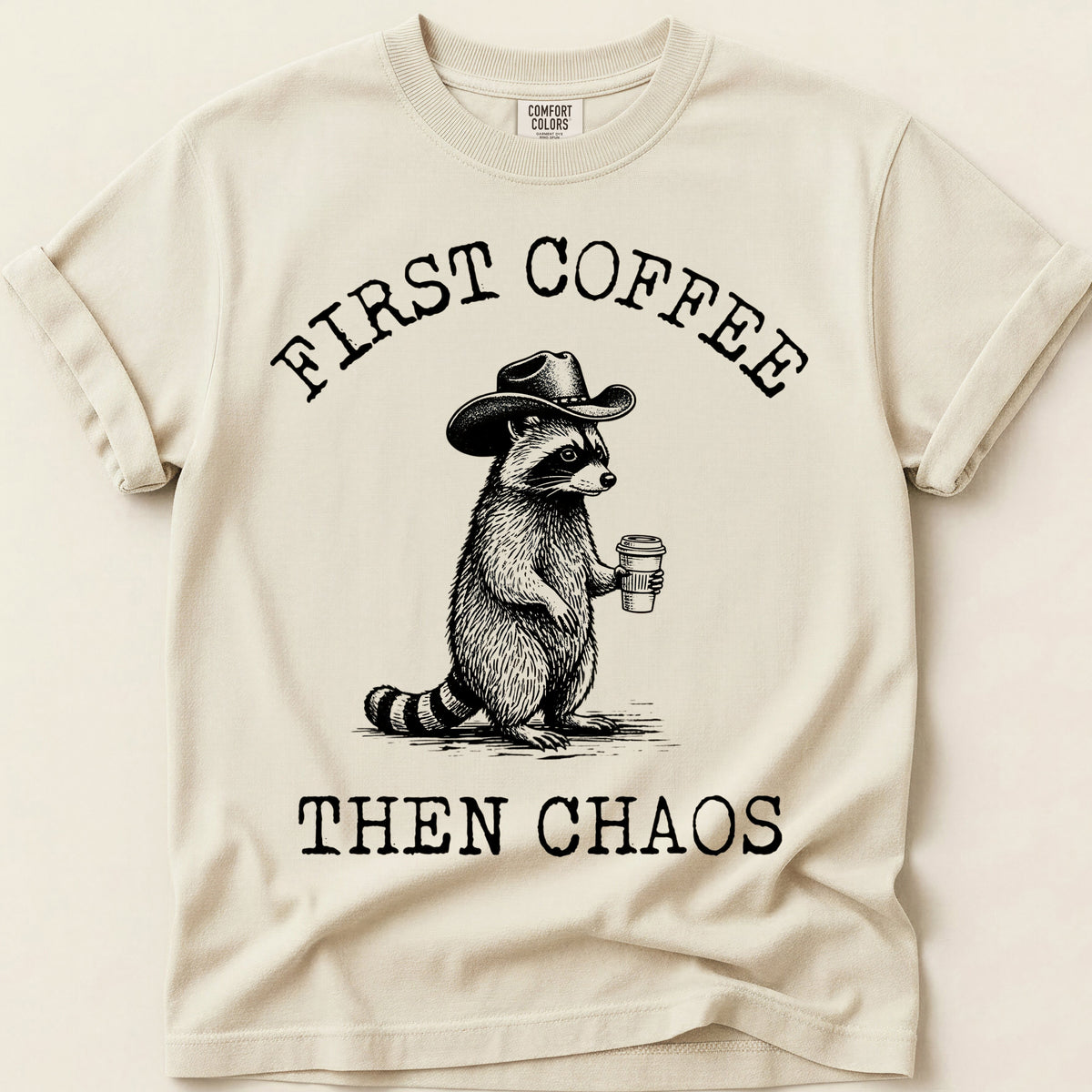 Coffee Chaos Raccoon on Ivory