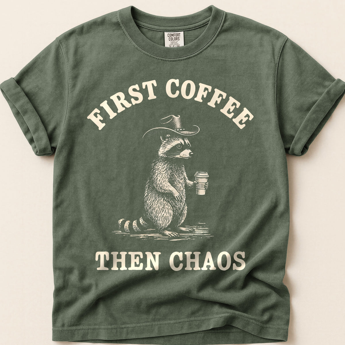 Coffee Chaos Raccoon on Moss