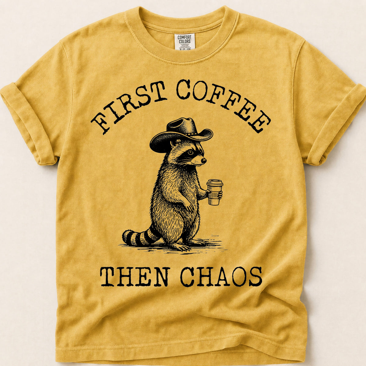Coffee Chaos Raccoon on Mustard