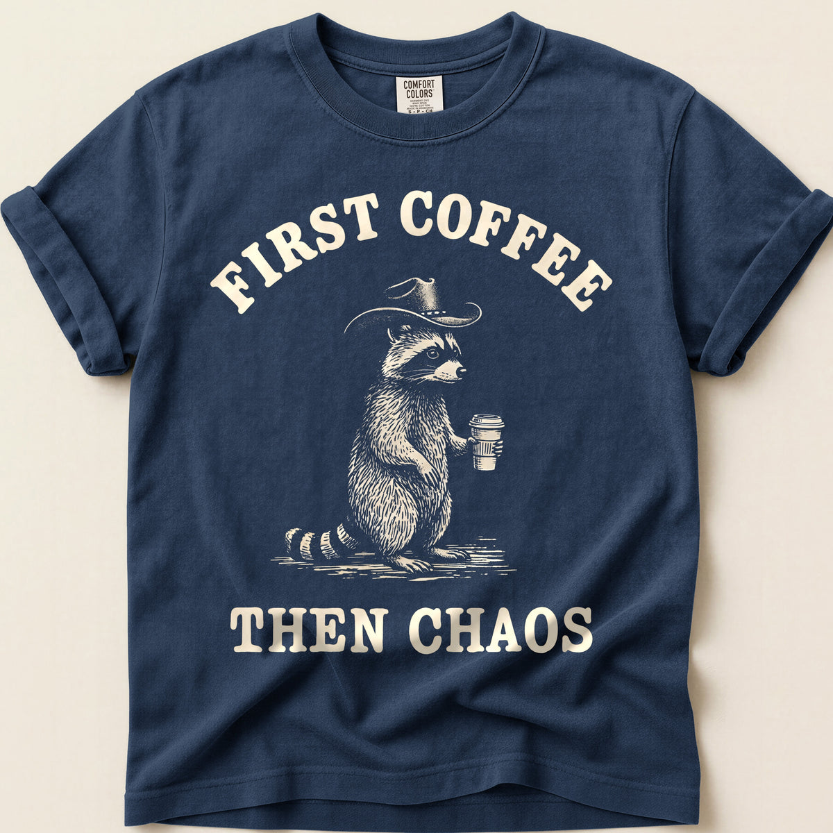 Coffee Chaos Raccoon on Navy