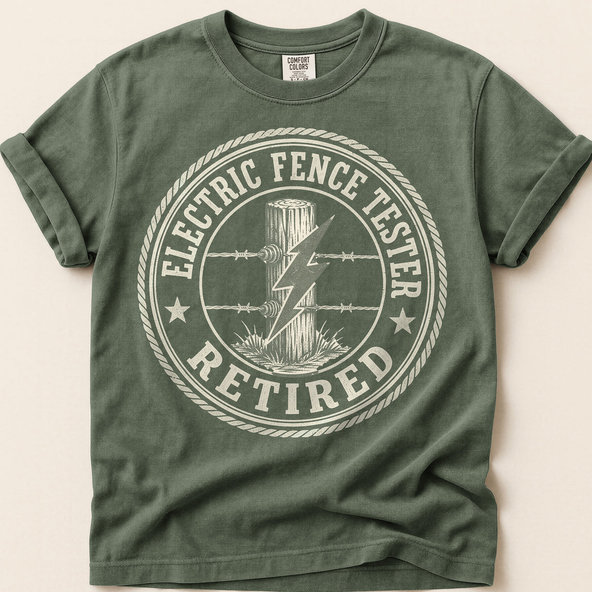 Electric Fence Tester T-Shirt on Moss