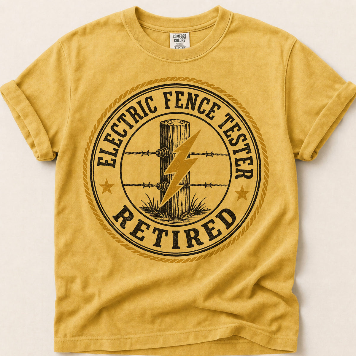Electric Fence Tester T-Shirt on Mustard