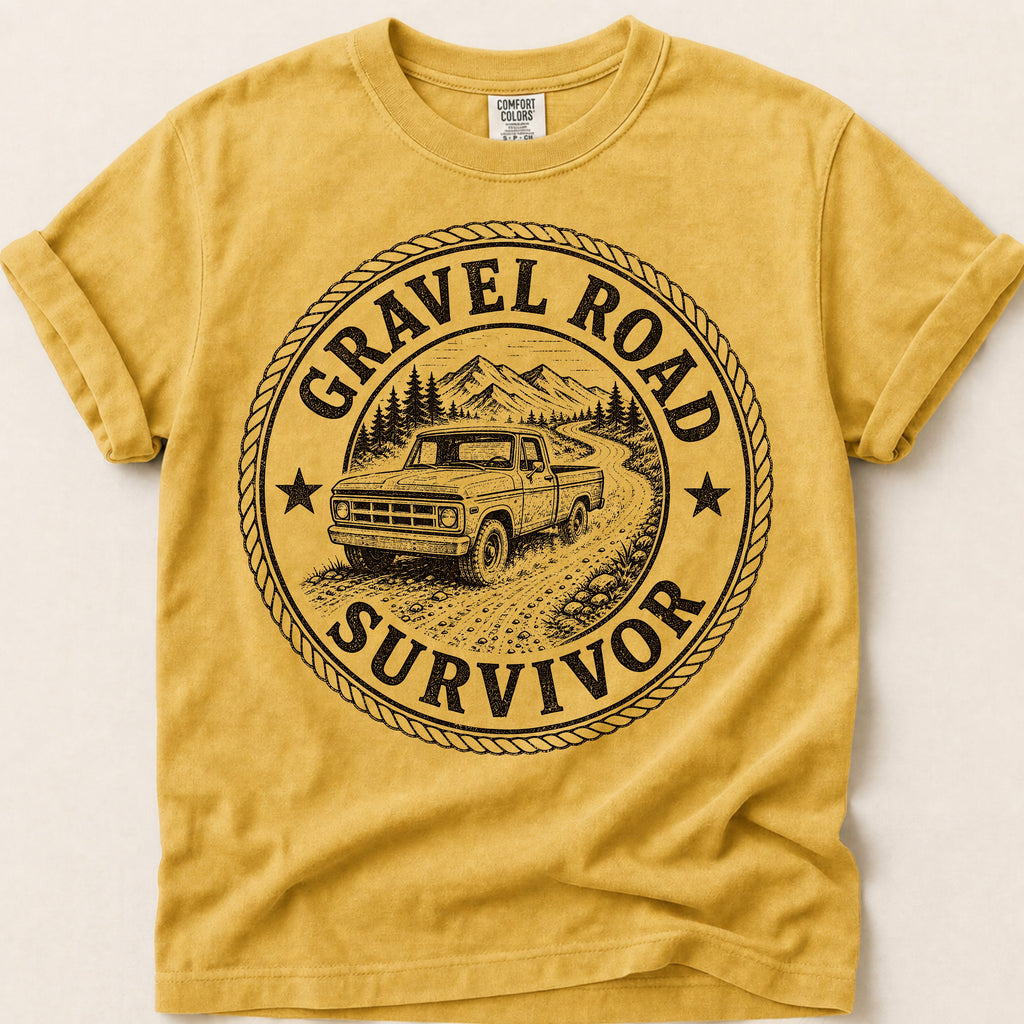 Gravel Road Survivor T-Shirt on Mustard