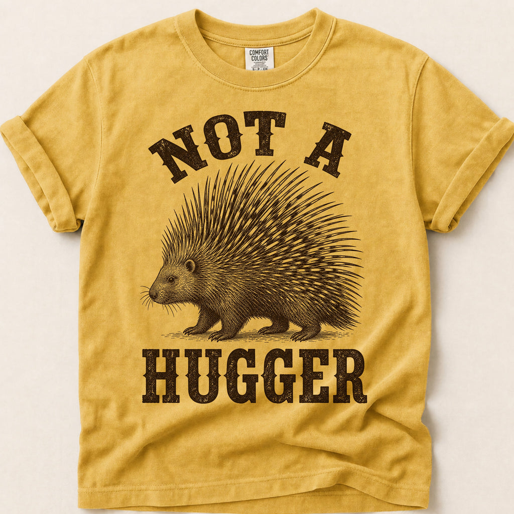 Not A Hugger Porcupine T-Shirt on Mustard