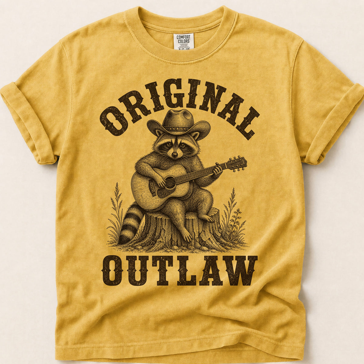 Original Outlaw Raccoon T-Shirt on Mustard