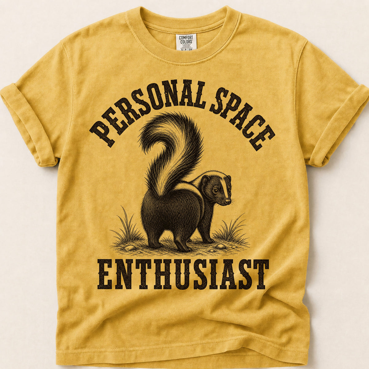 Personal Space Skunk T-Shirt on Mustard