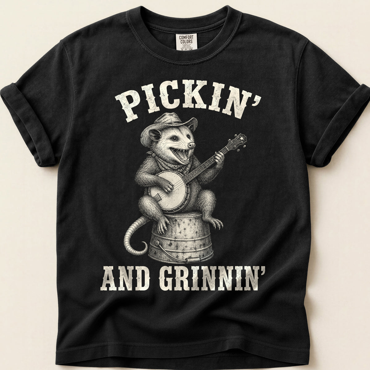Pickin And Grinnin Possum T-Shirt on Black