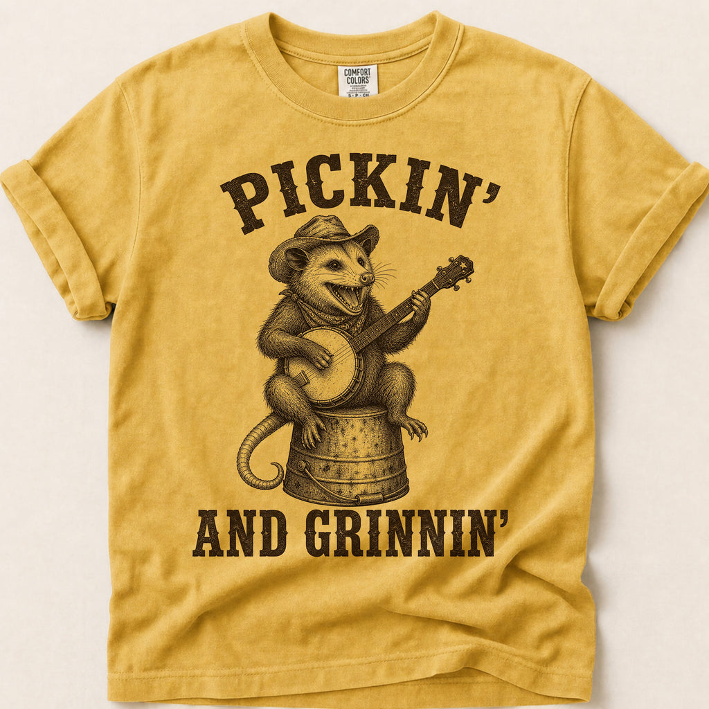 Pickin And Grinnin Possum T-Shirt on Mustard