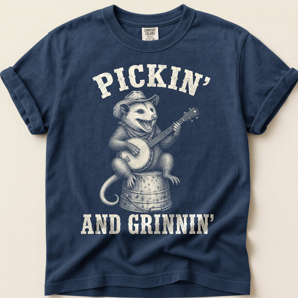 Pickin And Grinnin Possum T-Shirt on Navy