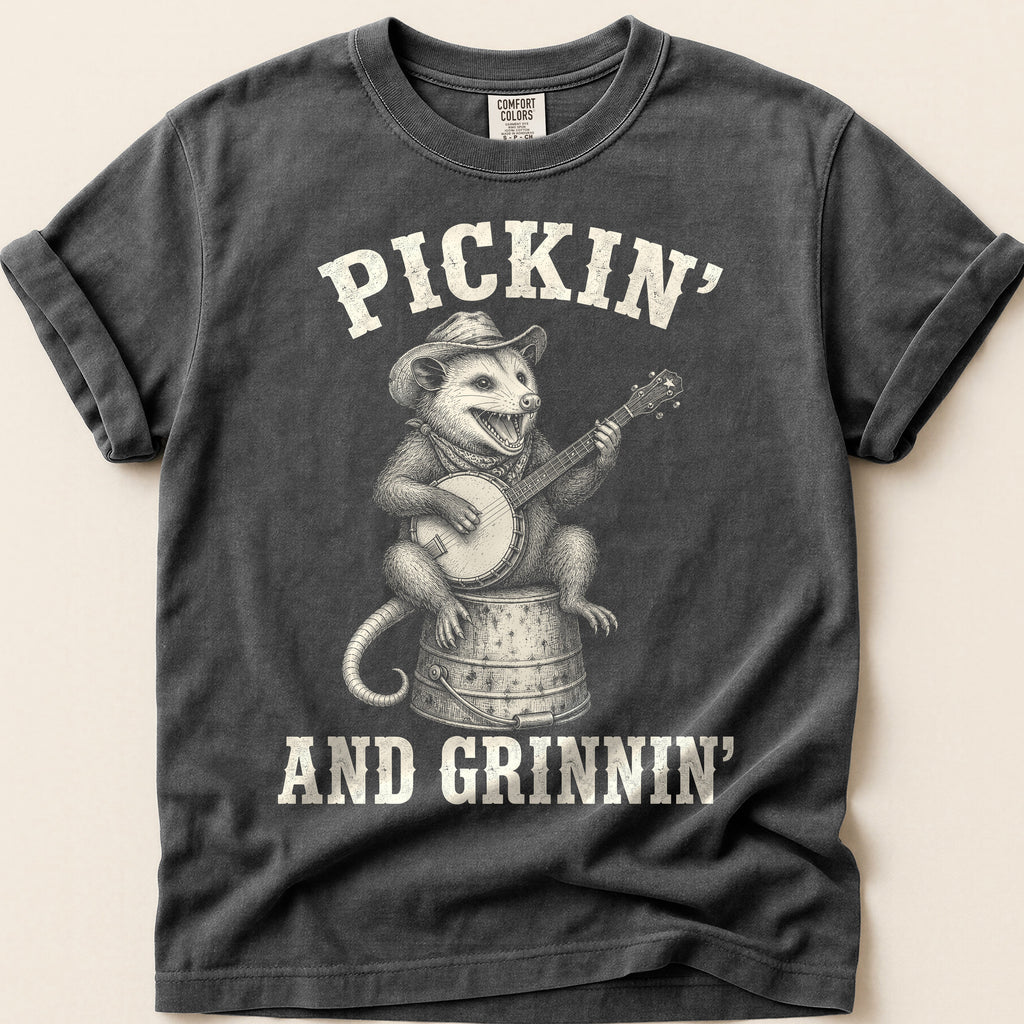 Pickin And Grinnin Possum T-Shirt on Pepper