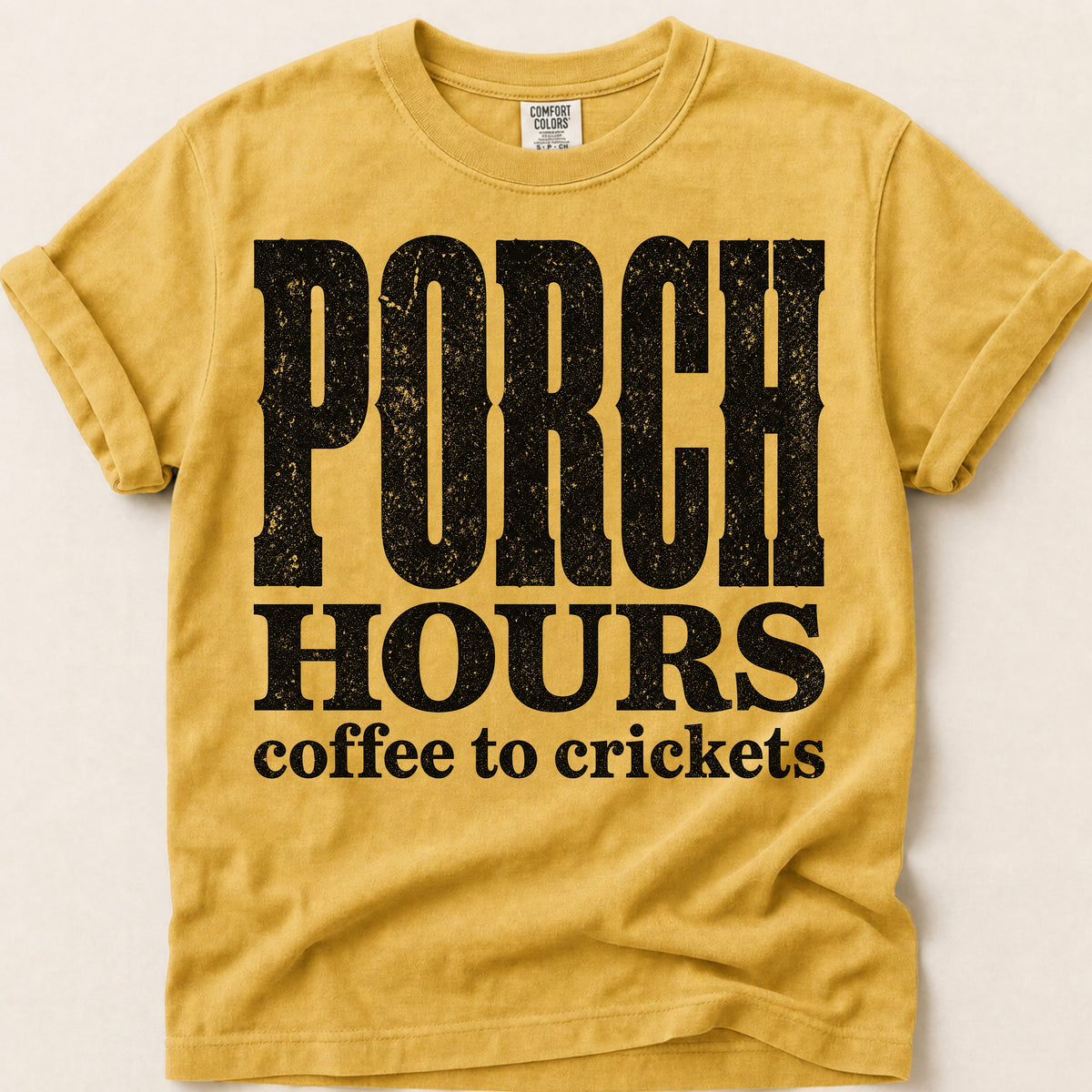 Porch Hours Crickets T-Shirt on Mustard
