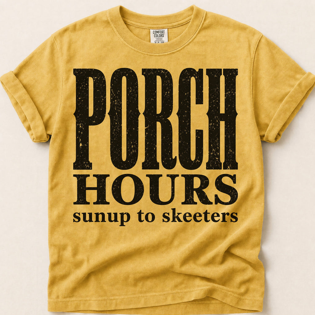 Porch Hours Skeeters T-Shirt on Mustard