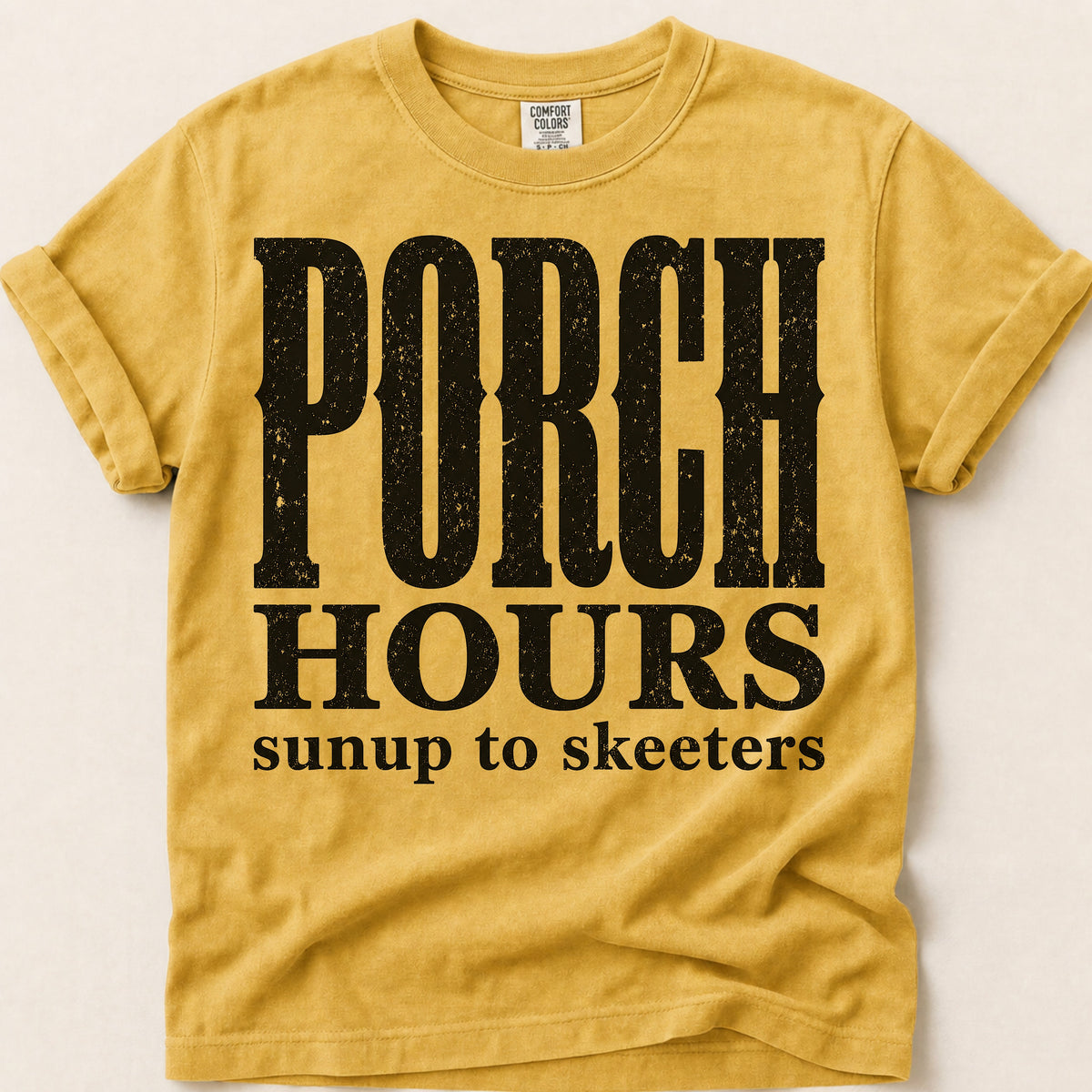 Porch Hours Skeeters T-Shirt on Mustard