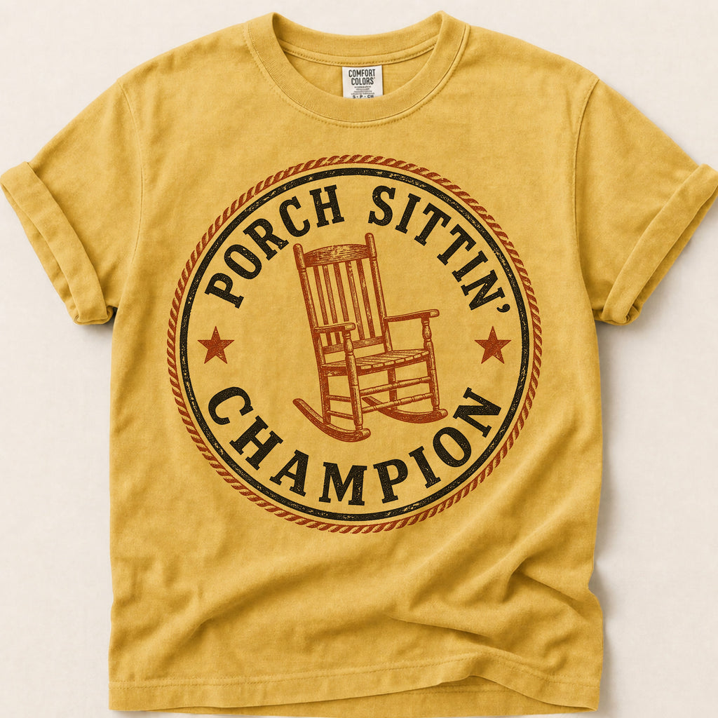 Porch Sittin Champion T-Shirt on Mustard