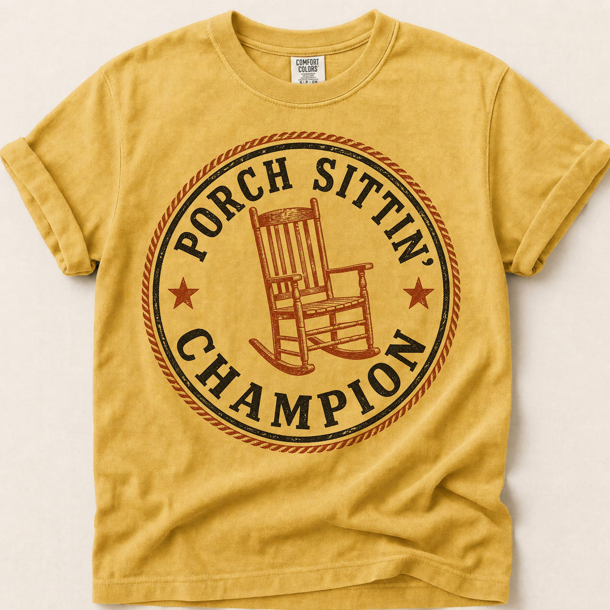 Porch Sittin Champion T-Shirt on Mustard