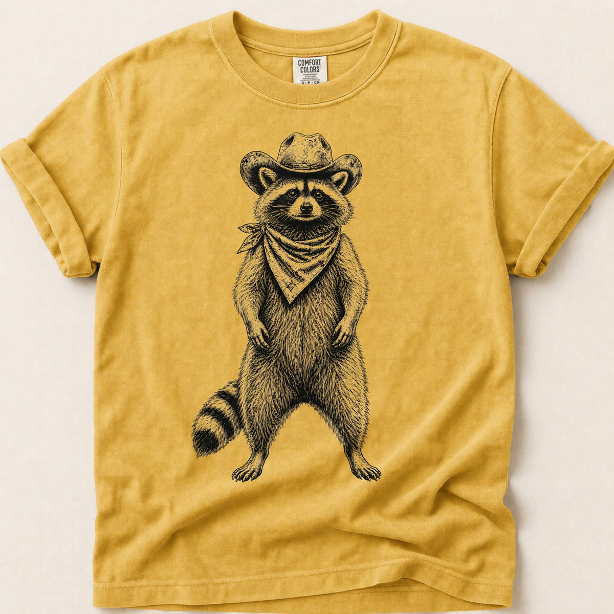 Raccoon Portrait T-Shirt on Mustard