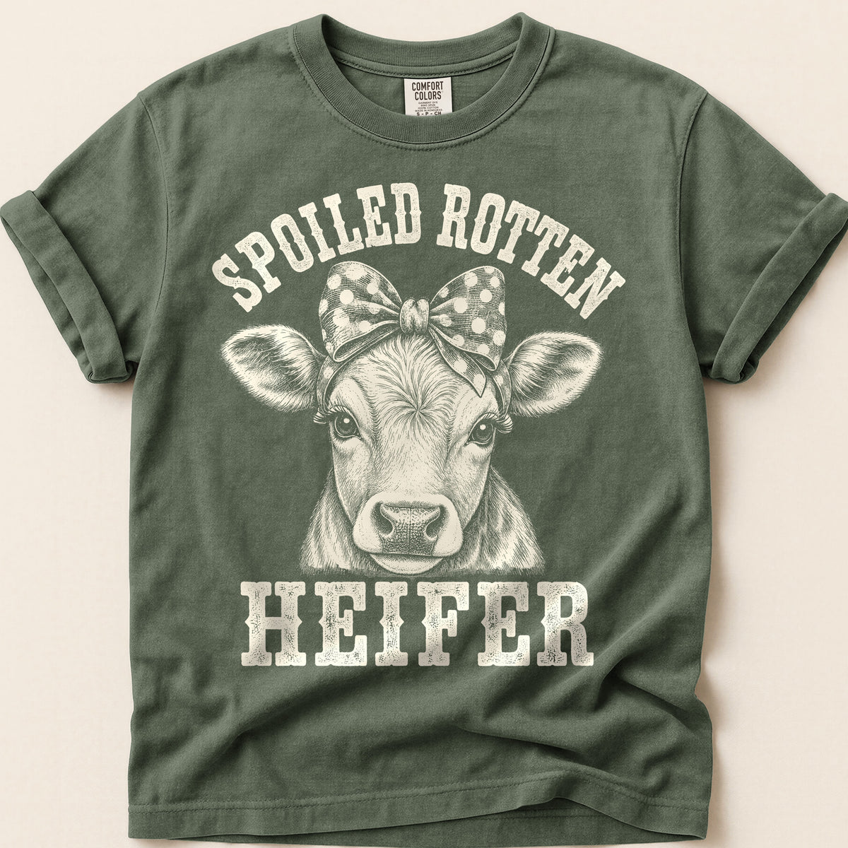 Spoiled Rotten Heifer T-Shirt on Moss