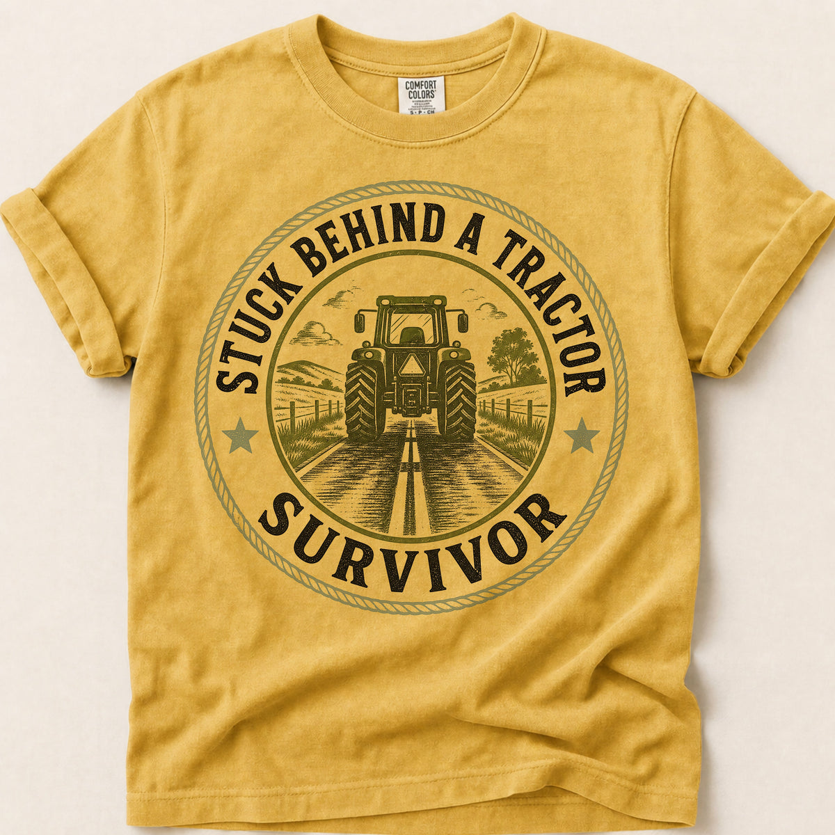 Stuck Behind A Tractor T-Shirt on Mustard