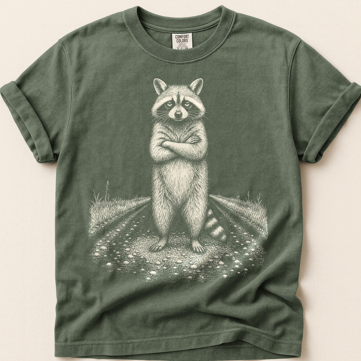 Unimpressed Raccoon T-Shirt on Moss