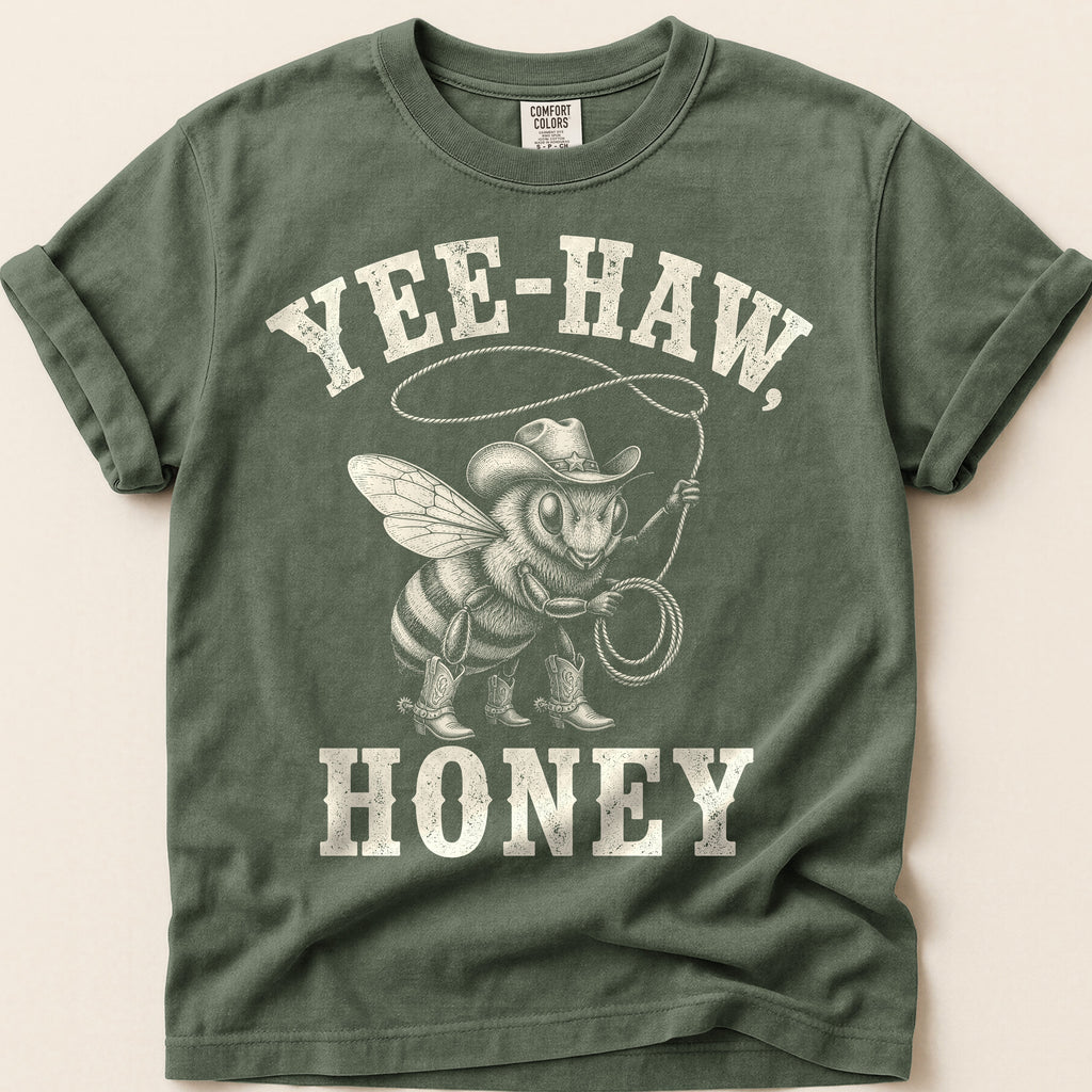 Yee-Haw Honey Bee T-Shirt on Moss